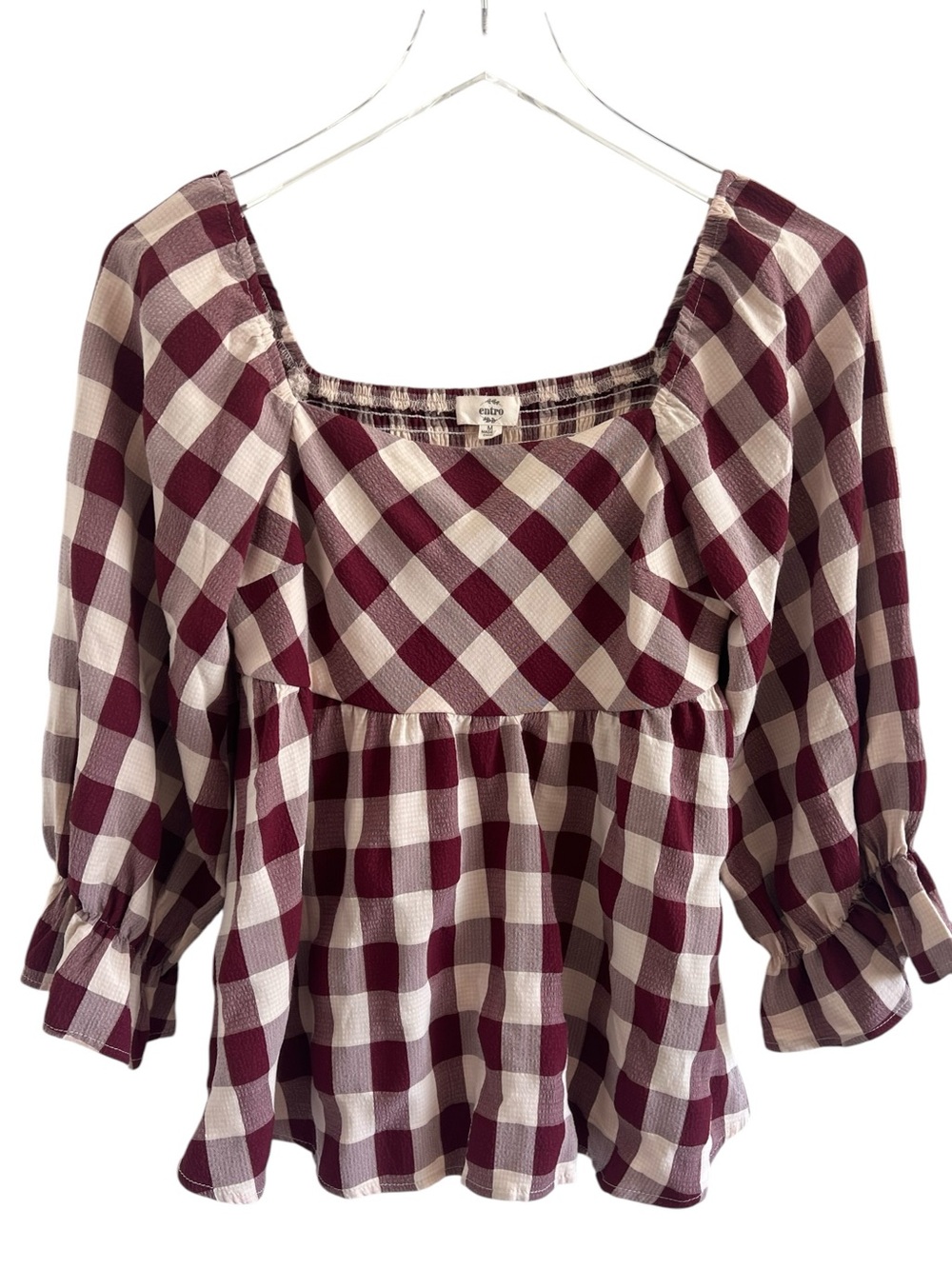 Entro Women's Burgundy and Cream Gingham Peasant Top